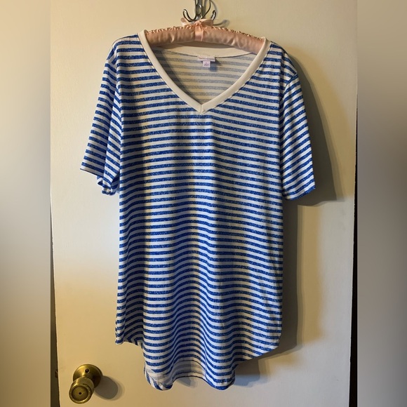 Lularoe Iris V-neck Top. Size large with blue and white stripes.Hi-lo. High-low - Picture 1 of 6